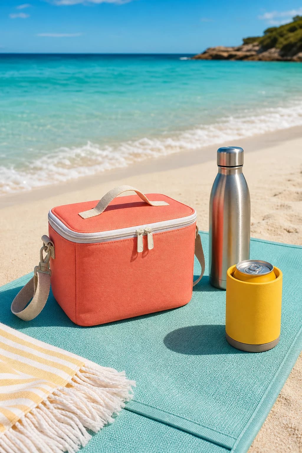 A curated set of colourful beach essentials on the sand