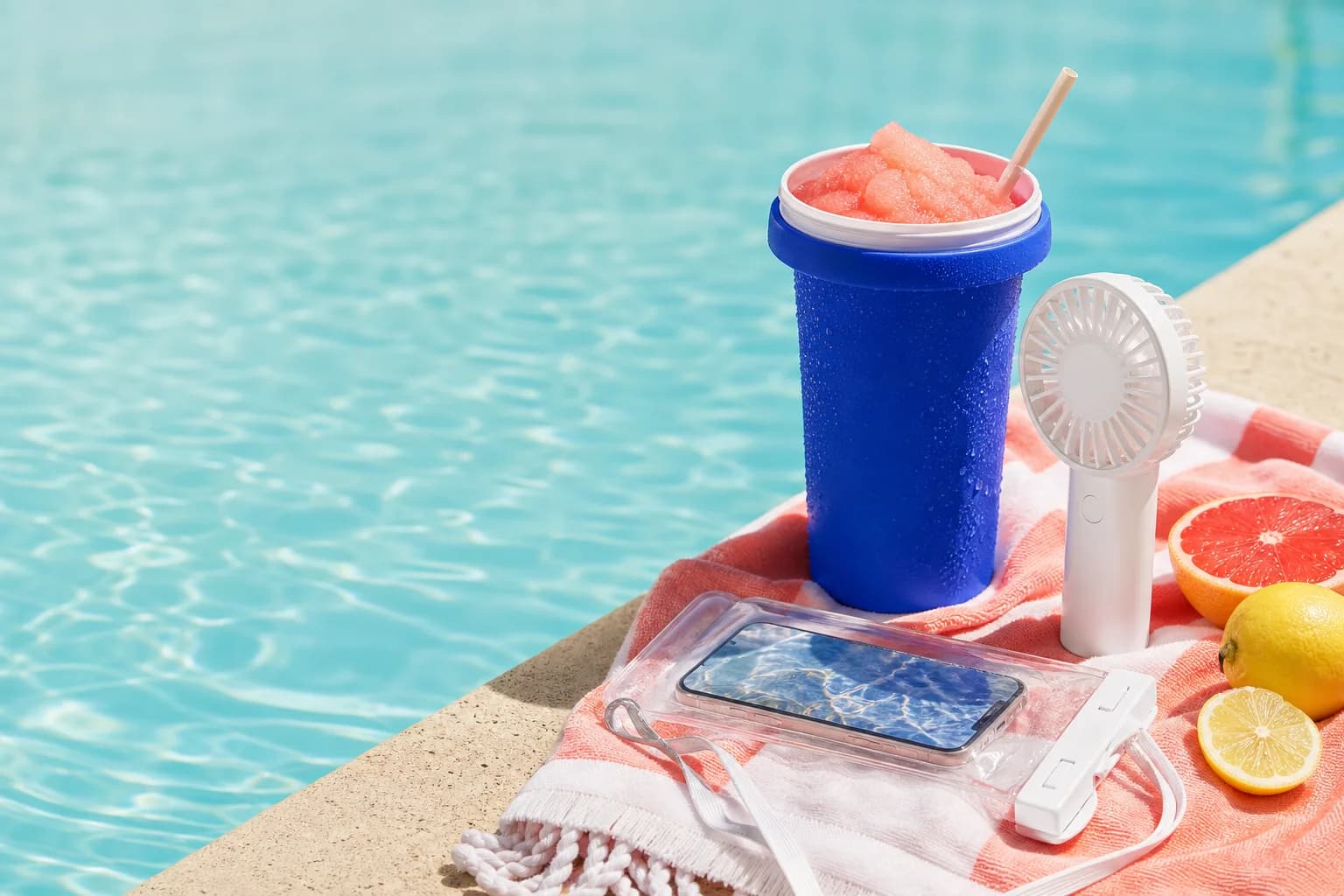 Colourful cooling essentials beside a sunlit pool
